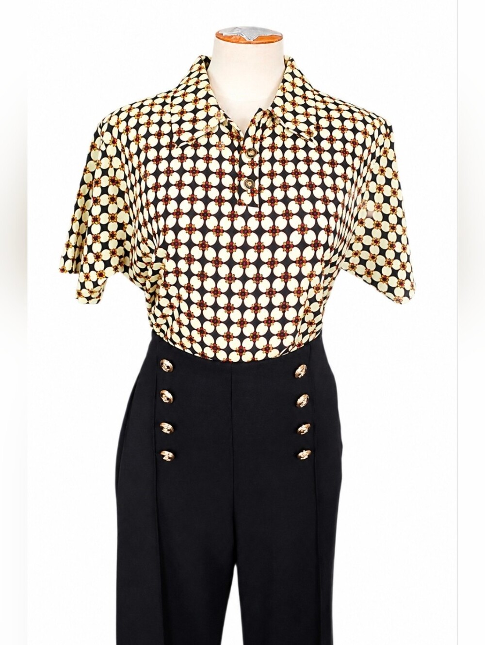 Vintage HuaMeng Geometric Print Polo Blouse 80s 90s Mod Retro Top